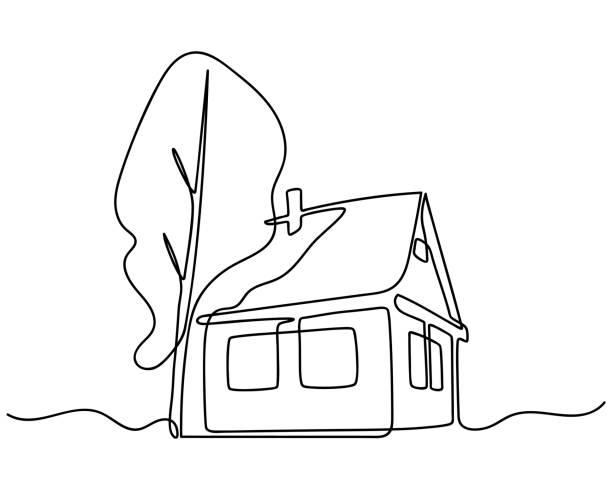 Continuous One Line drawing of House with Tree. Abstract small country wooden house in minimalism style. Continuous hand drawn sketch. Vector illustration